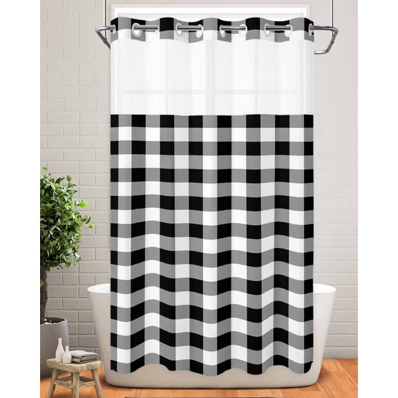 No Hook Shower Curtain with Snap in Liner,Black White Buffalo Check Waterproof Bath Curtain Double Layers with See Through Top Window,Farmhouse Classic Tartan Plaid Hotel Shower Curtains 36x72in