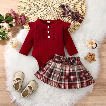 

Leutsin Infant Girls Strip Cotton Open Button Top With Plaid Skirt Butterfly Knot Hairband Three Piece Set