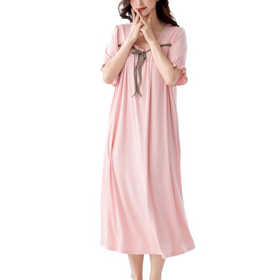 SWSMCLT Women's Short Sleeve Nightgown Spring Lace Fall Falbala Crew Neck Bow Loungewear Summer Pjs Modal Style2 Medium