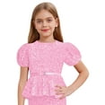 thumbnail image 3 of inlzdz Kids Girls Sequin Velvet Tops Sparkle Glitter Dressy Blouse Puff Sleeve Peplum Tops with Belt Pink 8, 3 of 5