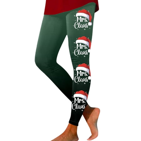 FYEGRE Festive Christmas Hat Print Women s High Waist Yoga Leggings Comfortable Athletic Tights For Fitness Workout And Casual Wear Dark Green XL