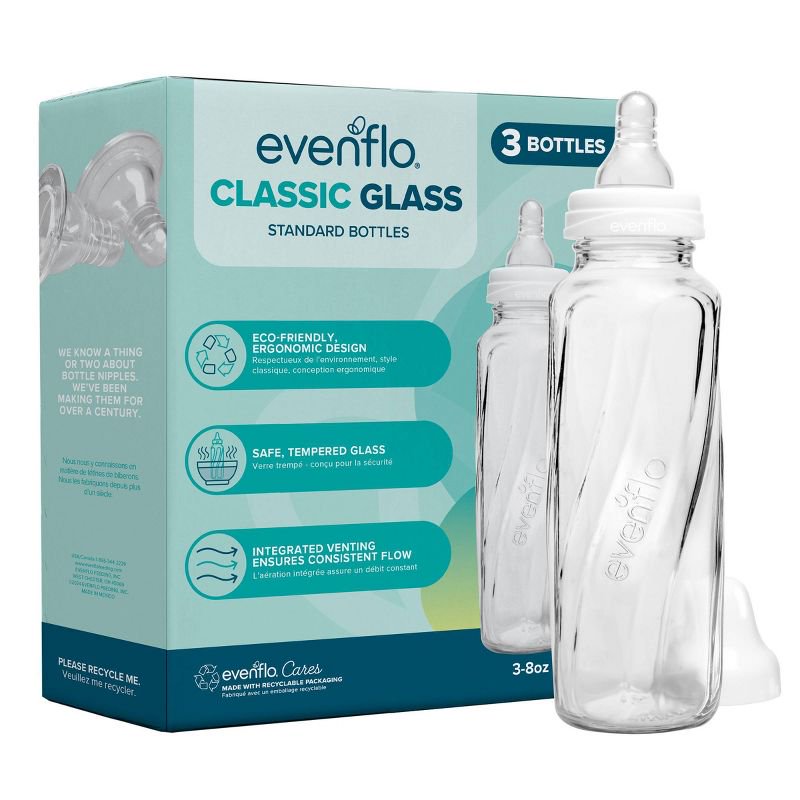 Classic Glass Baby Bottles 8oz 3 Pack, Slow Flow Nipple Infant Feeding Bottles, BPA Free Latex Free Silicone Nipple, Phthalate Free Glass Bottles for Newborns