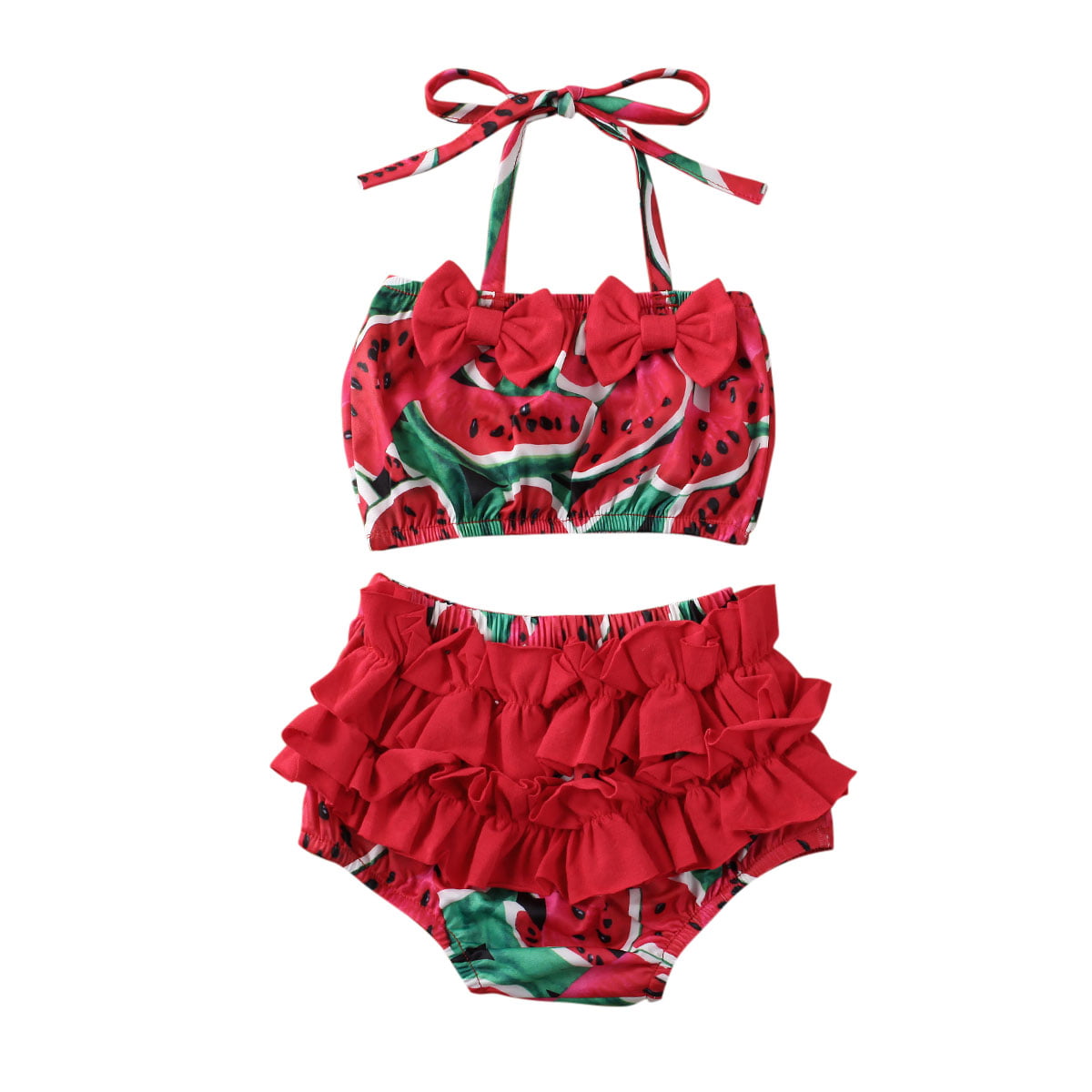 Newborn Baby Girl Swimwear Halter Neck Tassels Floral Watermelon Swimsuit Bathing Suit Bikini Set Summer Outfits 3Pcs 