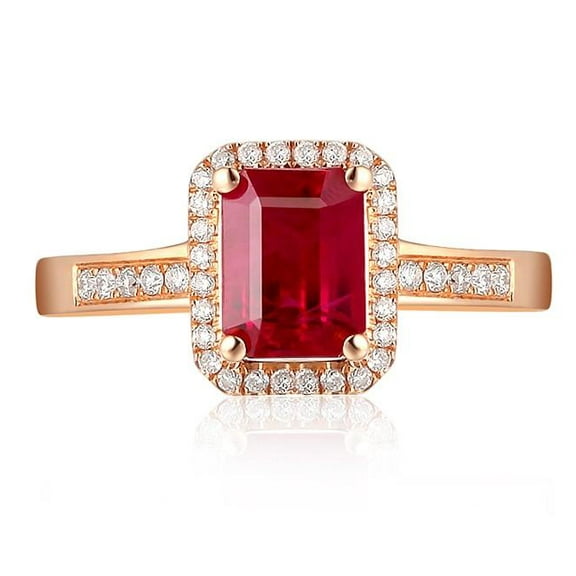 1.75 Carat 7x5mm Emerald Cut Red Ruby And Moissanite Diamond Engagement Ring in 10k Rose Gold