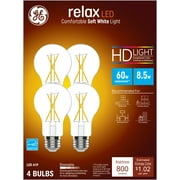 GE Relax HD LED Light Bulbs, 60 Watt, Soft White, A19 Bulbs, Medium Base, Clear Finish, 4pk