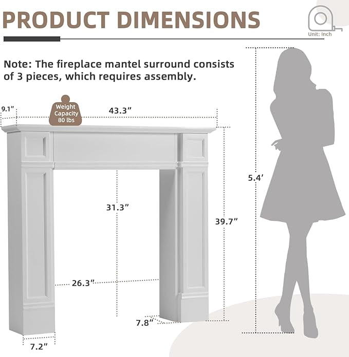 EPICOZY 43.3" Fireplace Mantel, Freestanding Fireplace Surround with Leg for Electric Fireplaces, MDF Mantel Surround with Shelf for Living Room with Decorative Pattern, Anti-Tipping & Waterproof