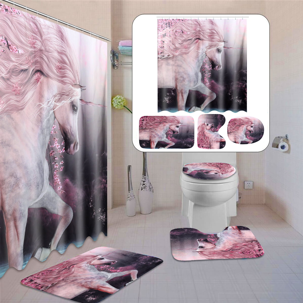 Unicorn Heavenly Horse Printin Bathroom Shower Curtain Set Toilet Cover Mat 