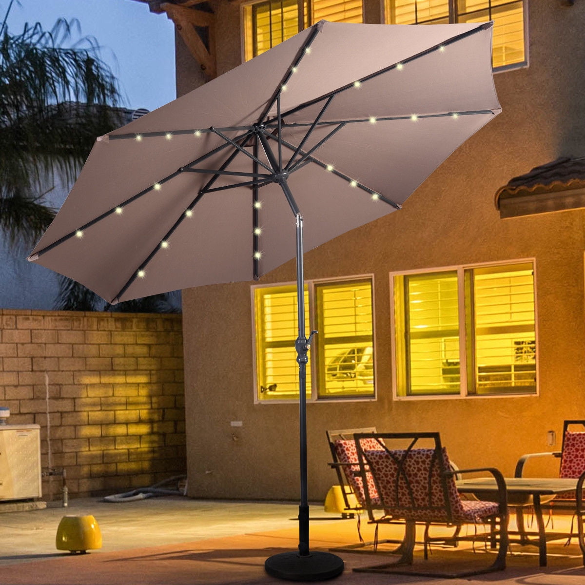 10FT Patio Outdoor Market Table Steel Solar LED Umbrella Tilt W/ Crank New Tan 