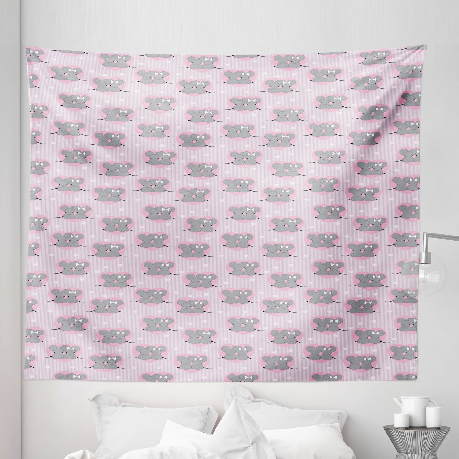Pink and Grey Tapestry, Little Mouse Characters with Hearts on Striped