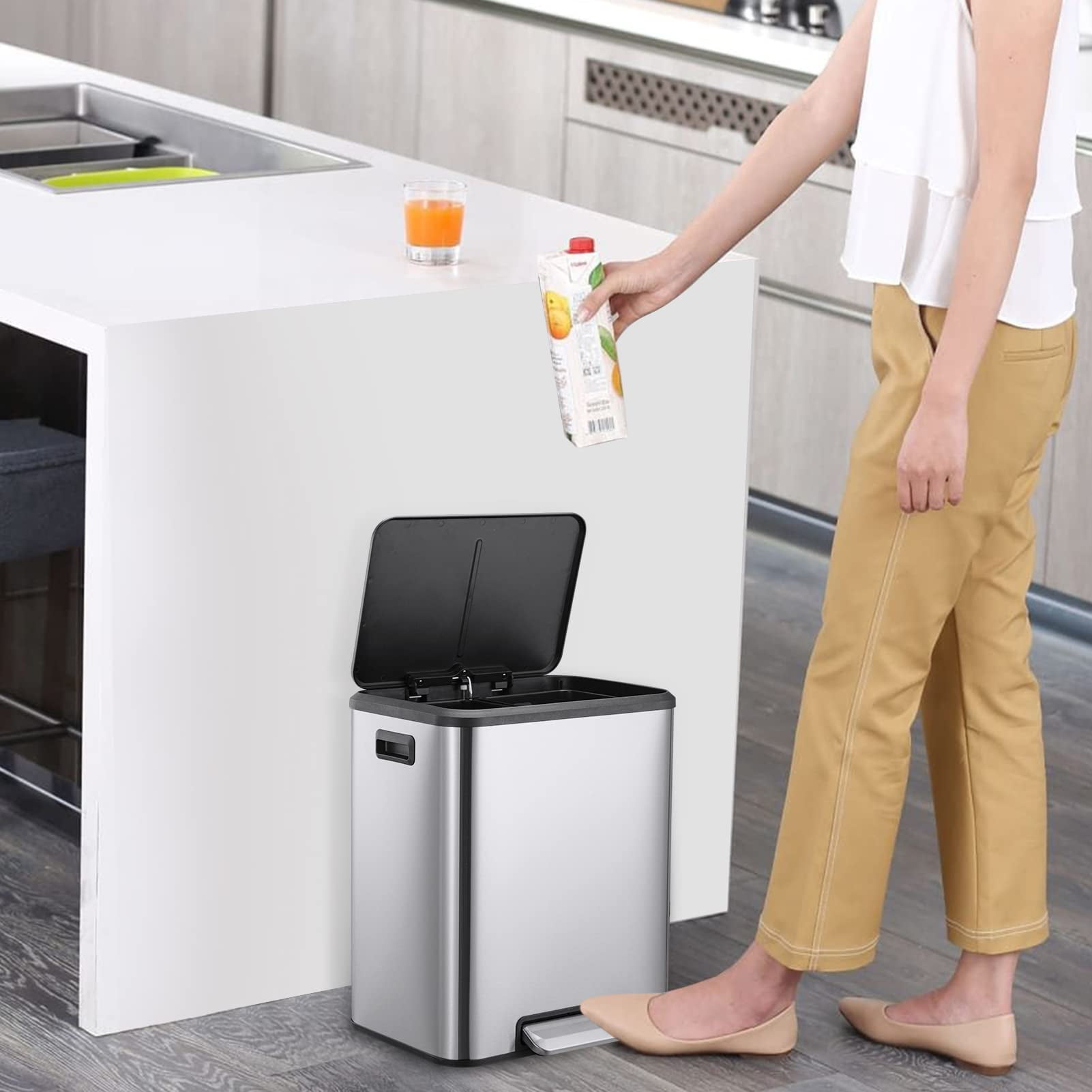 GymChoice Rectangular Dual Trash Can,Stainless Steel 2 x 4 Gal (2 x 15L) Garbage Can,Dual Compartment Recycling Kitchen Step Trash Can