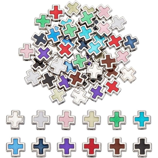 72 piezas de cuentas espaciadoras de 12 colores, 8 mm, de metal, con forma de crucifijo. Cuentas pequeñas para manualidades, ideales para hacer pulseras, collares y bisutería. Orificio: 1,7 mm.