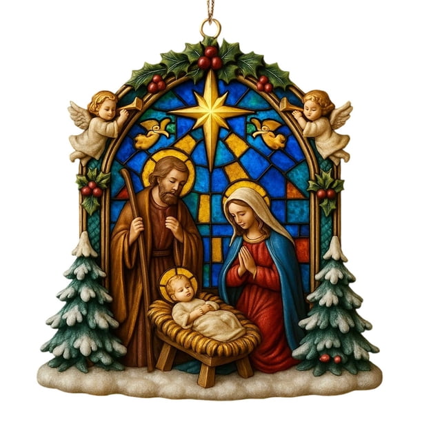 Uuiauoio Nativity Scene Christmas Ornament with Wreath Holy Family Decor, Festive Holiday Tree Decoration for Christmas Celebrations, Meaningful Keepsake Gift for Holiday Traditions
