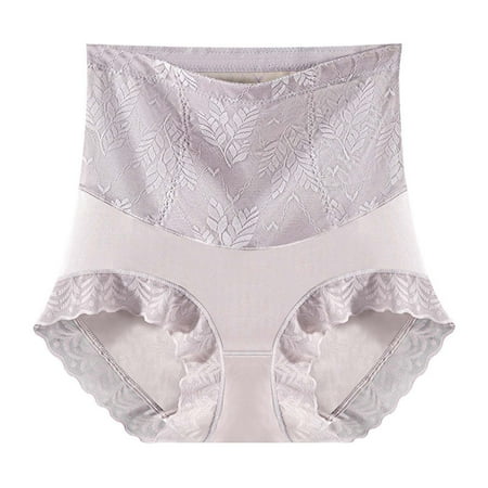 BYHONG Women s Seamless High Waist Lace Panties Silk Blend Crotch Breathable Sexy Shaping Briefs Lightweight Satin Lift Underwear Light Purple L