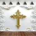 thumbnail image 3 of White Wall Golden Holy Cross Backdrop First Holy Communion Christening Photography Background White Floral Baptism Wedding Bridal Shower Baby Shower Party Decorations Banner Photo Booth Props, 3 of 5