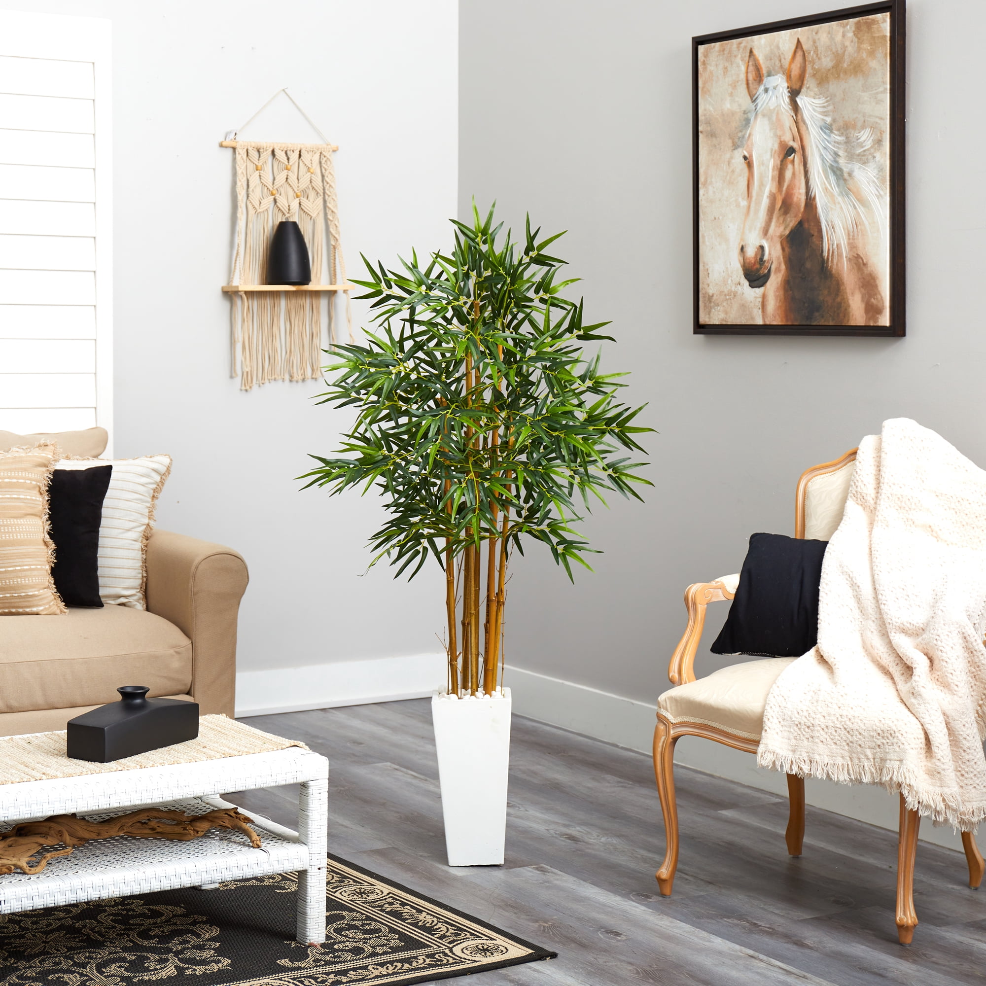 Nearly Natural 5 ft. Bamboo Artificial Tree in White Tower Planter
