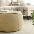 thumbnail image 5 of Round Storage Ottoman, Upholstered Coffee Table with Wooden Lid, 2 in 1 Function End Table Footstool for Living Room Office, Work as Side Table & Ottoman & Seat, Natural, 25.5''x25.5''x14.5'', 5 of 7
