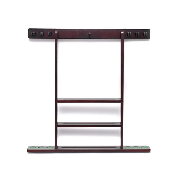6 Pool Cue - Billiard Stick Wall Rack Mahogany Finish Billiards Pool Cue Rack