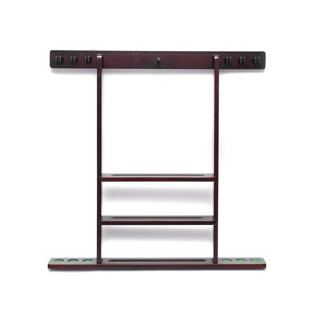 6 Pool Cue - Billiard Stick Wall Rack Mahogany Finish Billiards Pool Cue Rack