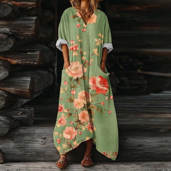Ynynloco Women's Casual Linen Blend Floral Print Batwing Sleeve V Neck Oversized Maxi Dress with Pockets Beach Cover Up