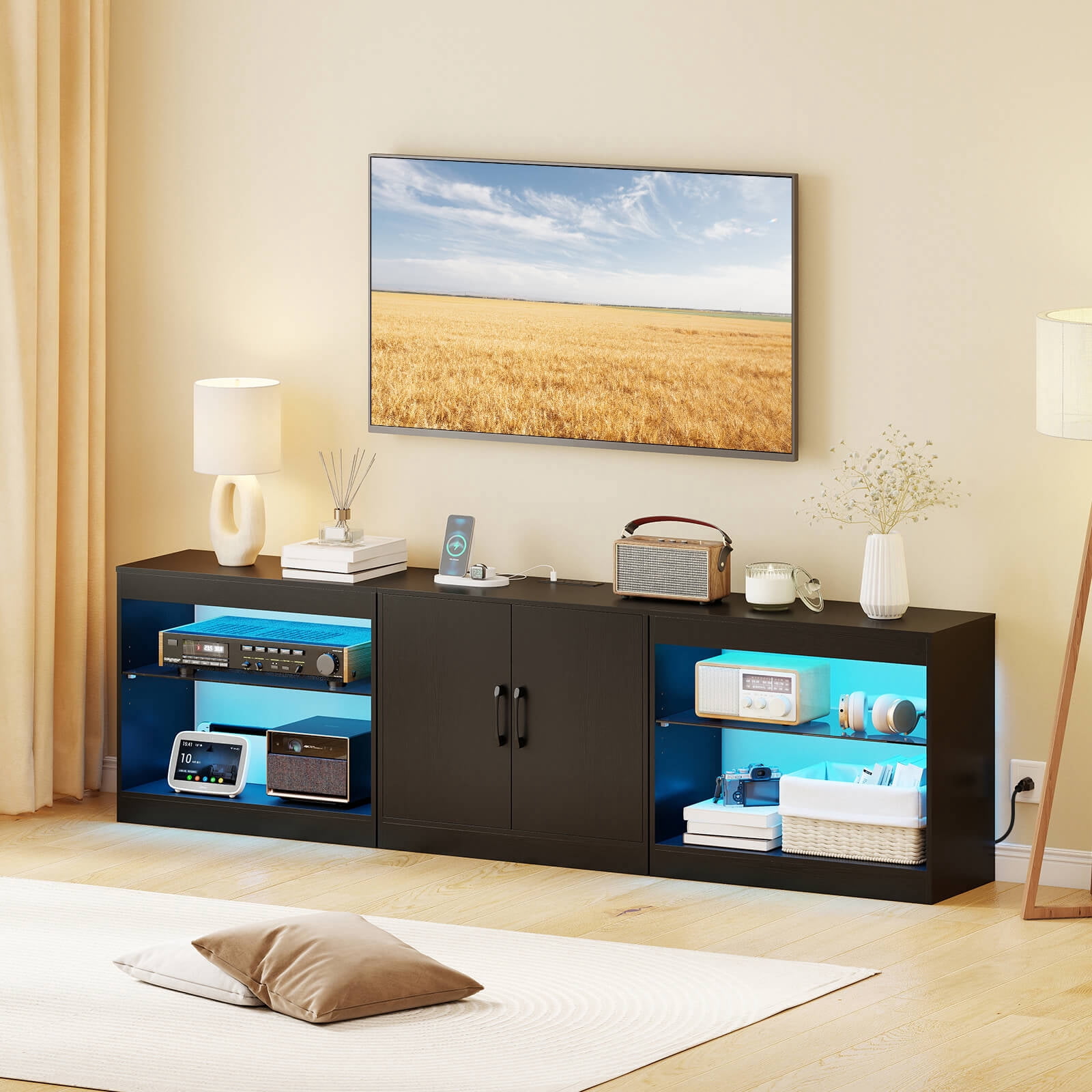 Costway TV Stand with Power Outlets Adjustable LED Lights Storage Cabinet for TVs up to 85” Black