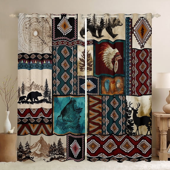 Feelyou Vintage Boho Aztec Black Out Curtains for Men, Hippie Rustic Bear Curtains Pack of 2 (42x63 Each), Southwestern Theme Bedroom Curtains, Curtains and Drapes Room Decor