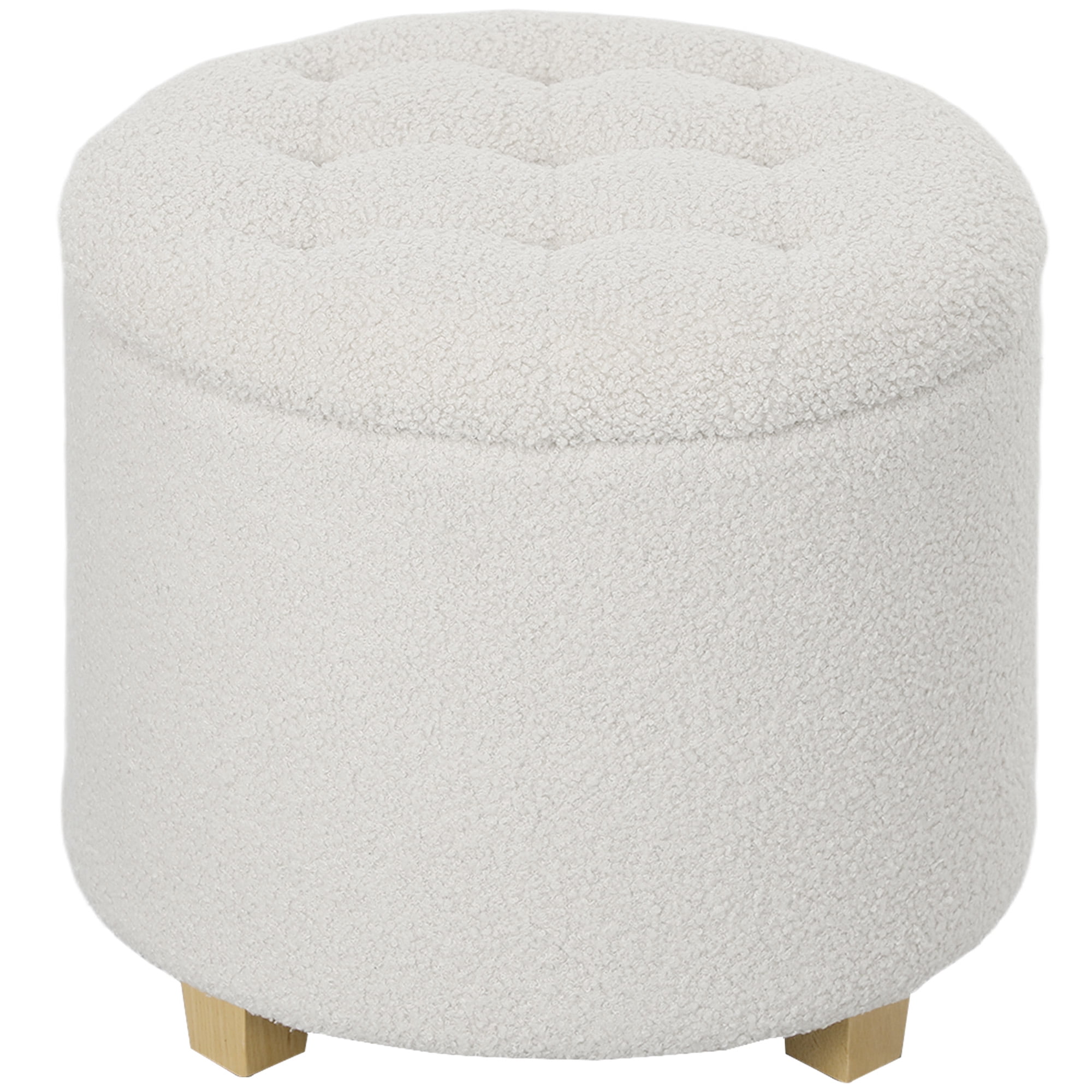 HOMCOM 18" Round Ottoman with Storage, Teddy Fleece Button Tufted Bedroom Stool with Removable Lid and Wood Legs for Living Room, Hallway, White