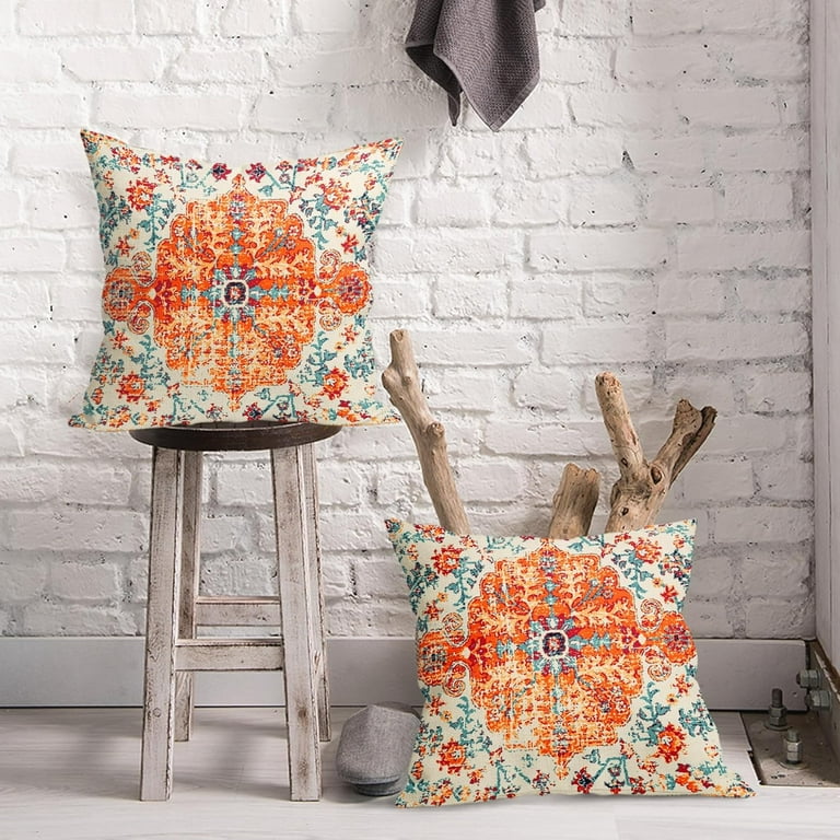 Orange Blue Ethnic Boho Pillow Covers 18X18 Inch Bohemian Carpet