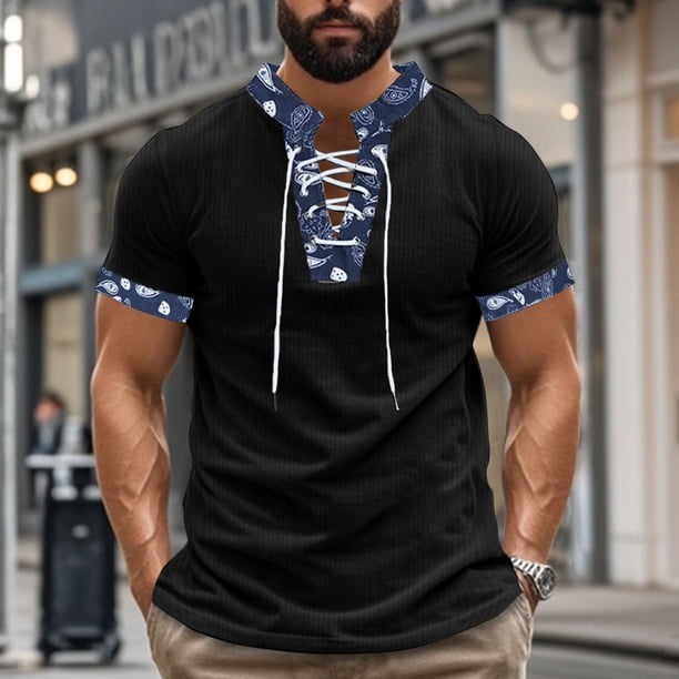 Blusa y camisa de manga corta con cuello alto para hombre, informal, con cordones y estampado personalizado