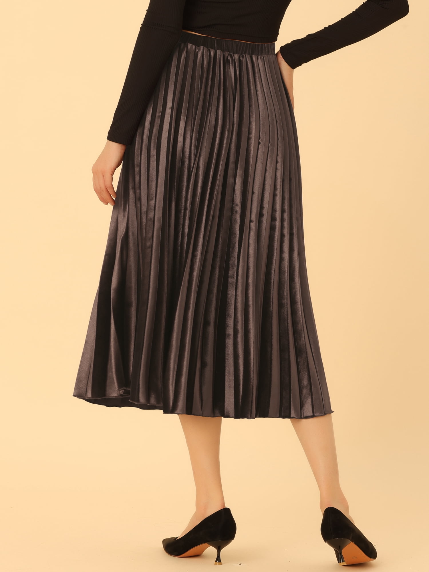 DARING DIVA Women's Velvet Pleated Swing Midi Skirt S Dark Brown