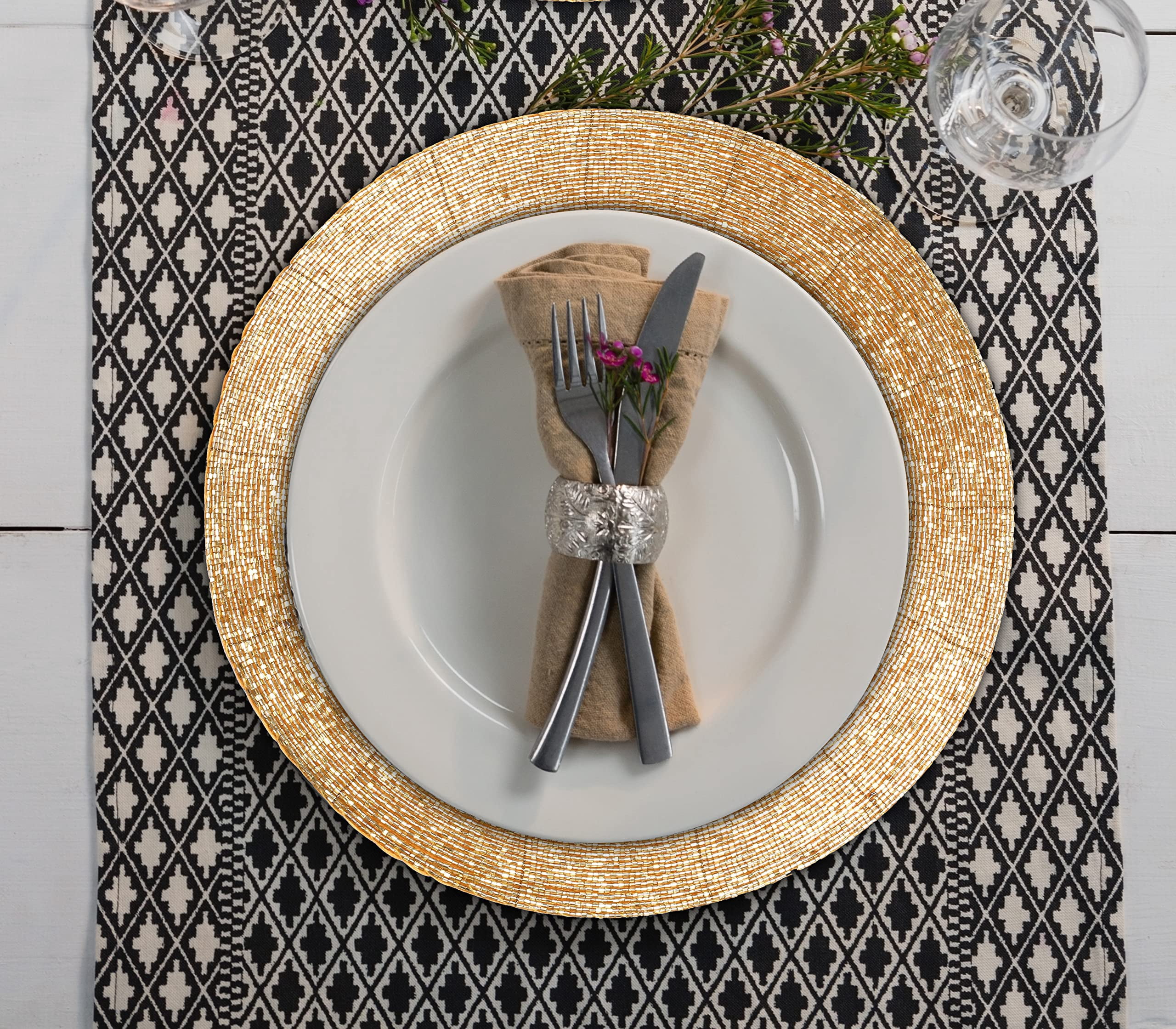 Homebia Designs Handmade Beaded Placemats Set of 4 - Round Charger Mats - Farmhouse Style Table Decor for Dining, Wedding, Holiday, and Special Occasions - Elegant Glitz Table Setting - 13 Inch Gold