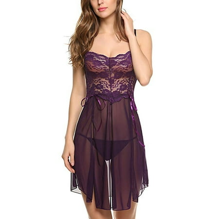 LEVEFORD Women Strap Lace Lingerie Sleepwear Floral Lace Sheer Chemise Irregular Hem Nightdress with Thong Negligees Babydoll