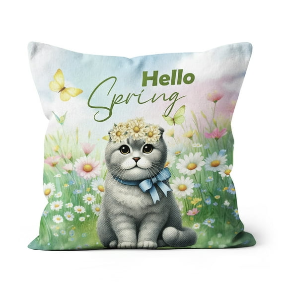 Scottish Fold Hello Spring Time Flower Floral Nature Pillow Cushion Double Sided Cat Lover Kitten Owner Gifts Throw Pillow - 02031