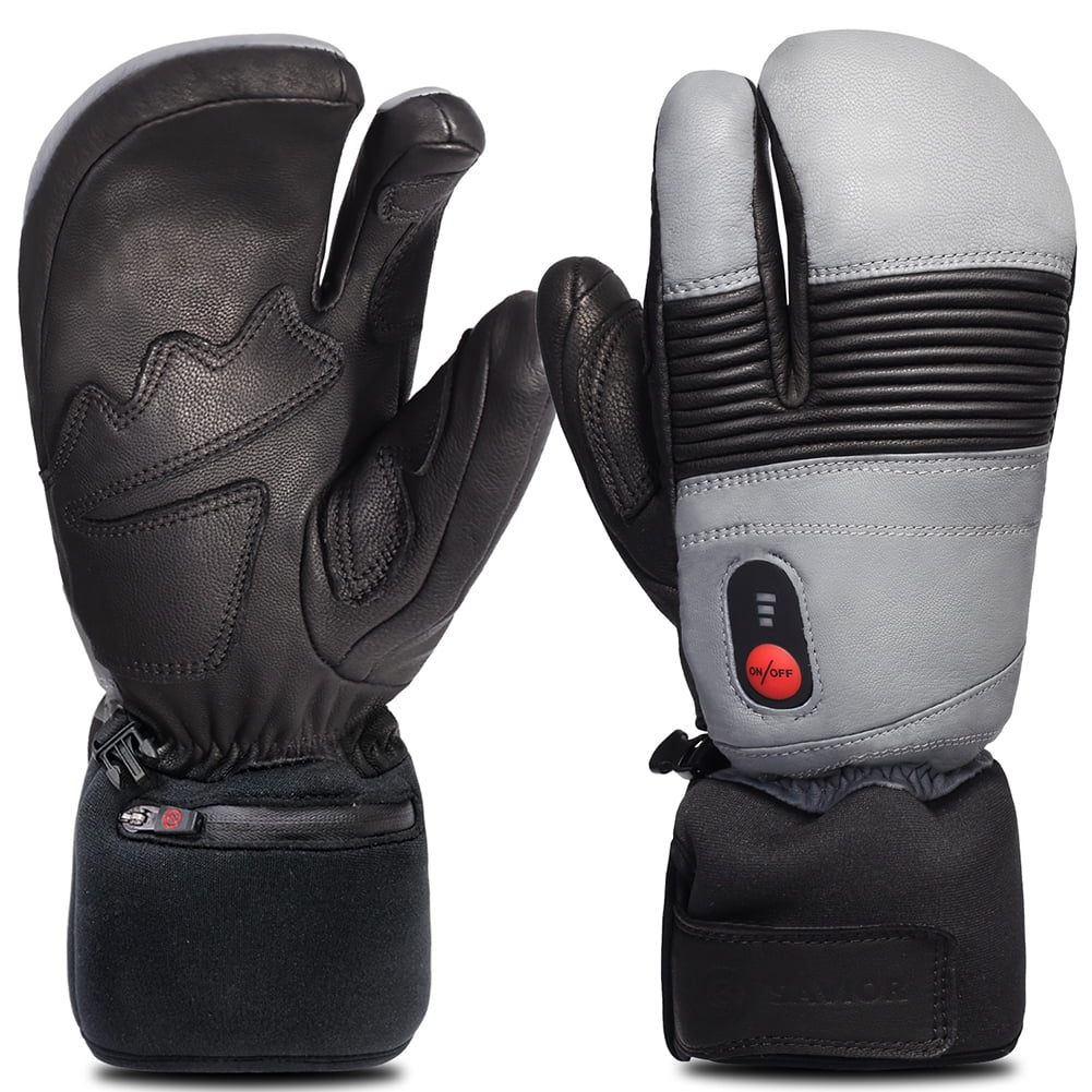 SAVIOR HEAT Heated Ski Mittens suitable for Men and Women - Rechargeable 7.4V 2200mAh Battery, Goatskin Leather, Waterproof/Windproof, 3 Heat Settings, Touchscreen - Ideal for Snowboard, Motorcycle,