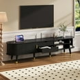 thumbnail image 3 of Wooden Oval Fluted TV Stand with Charging Station for TV up to 80", Mid-Century Media Console with Sliding Tambour Door, Farmhouse TV Cabinet with Golden Handle for Living Room, 3 of 10