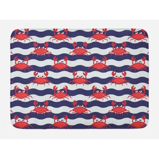 Crabs Bath Mat, Nautical Maritime Theme Cute Crabs on Striped