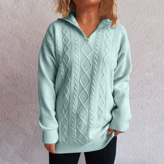 EchfiProm V Neck Women Sweaters Solf Half Zip Pullover Blue New Arrivals Cable Knit Long Sleeve Solid Tunic Sweater Top S