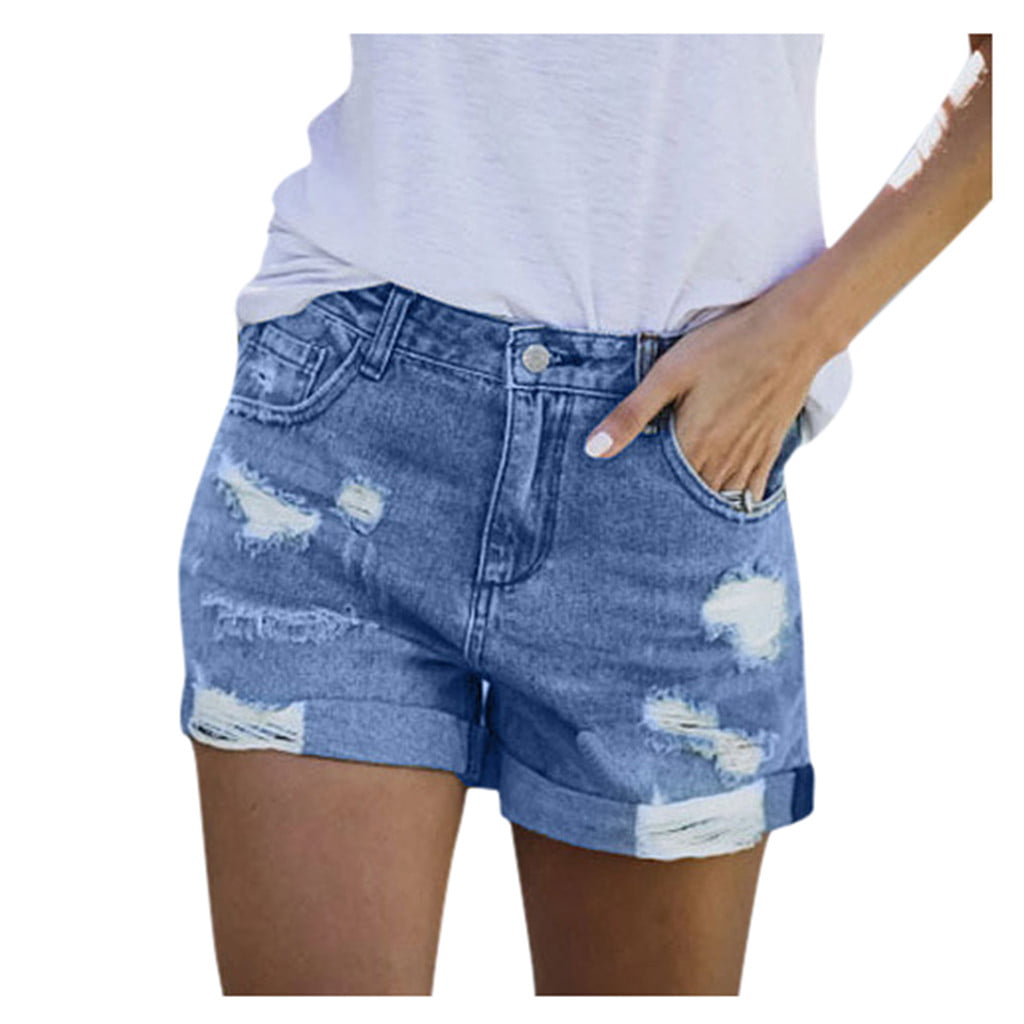 blue ripped high waisted denim shorts