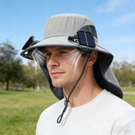Breathable Wide Brim Fan Solar Rechargeable Fan Hat 3 Speed Adjustable Cap Outdoor Sunshade Headwear 6 Inch USB Powered Cooling Tool for Fishing and Men