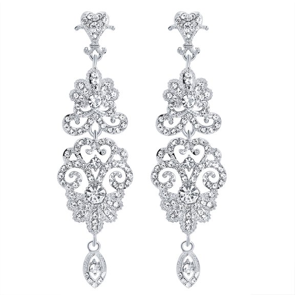 Grandest Birch Hollow Rhinestone Pendant Earrings Bride Wedding Party Jewelry Gift Alloy, Rhinestone White