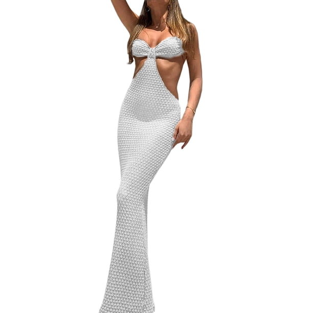 SAYOO LAdidas Hollow bodycon dress, Summer Women #39;s Solid Low neck sin mangas back stranded Beach dress SAYOO moda
