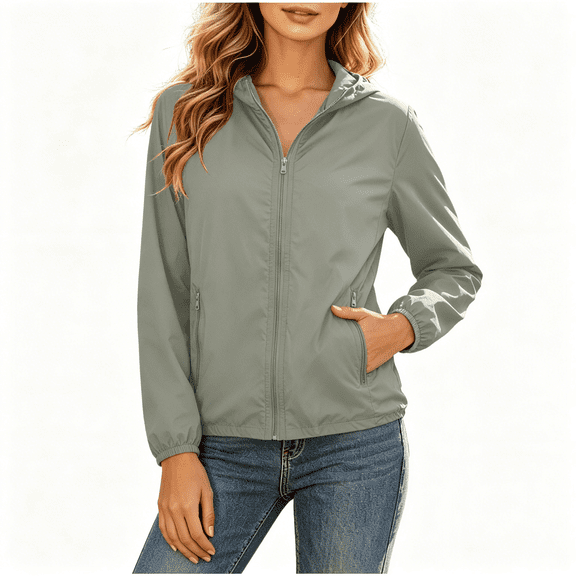 CBASIHI Womens UV Protection Windbreaker Jackets With Pockets- Long Sleeve Lightweight Quick Dry Fall Hooded Hiking Outdoor Coats Gray Size M-4XL