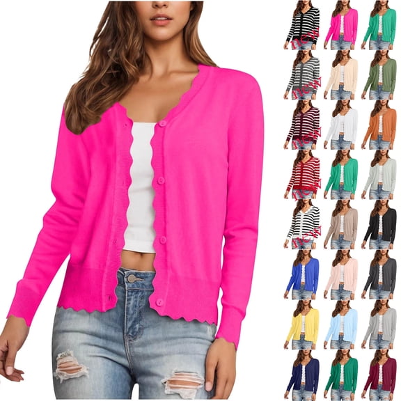 Auralook Women's Solid Long Sleeve V-Neck Button Down Cardigan Knit Sweater Cardigan V-Neck Hoodless Casual Outwear
