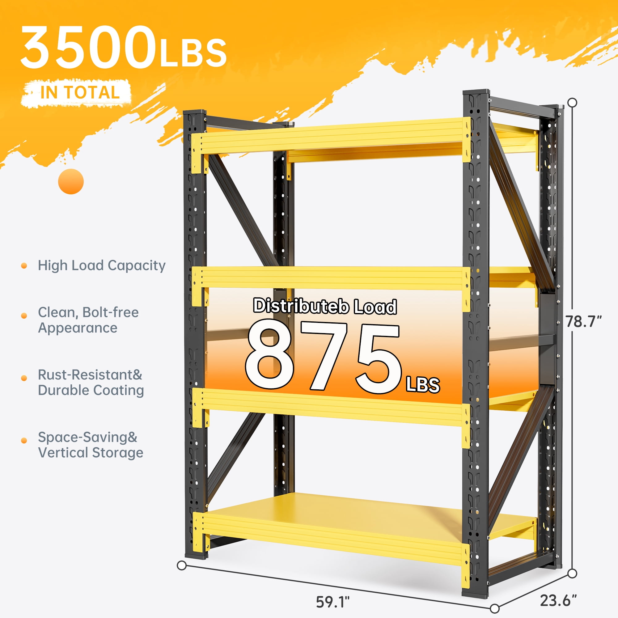 Welfiya 59"Wide Garage Shelving Unit,3500LBS Heavy Duty Storage Shelves,4-Tier Metal Industrial Shelving,Adjustable Standing Shelf for Warehouse,Basement,Workshop,59.1"W x 23.6"D x 78.7"H,Black&Yello