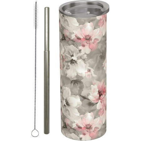 

Elegant Floral Stainless Steel Insulated Tumbler with Lid - 20oz Soft Pink Gray Flower Travel Mug Reusable Metal Straw & Brush Double-Wall Vacuum Bottle Cup for Hot and Cold Drinks Gifts