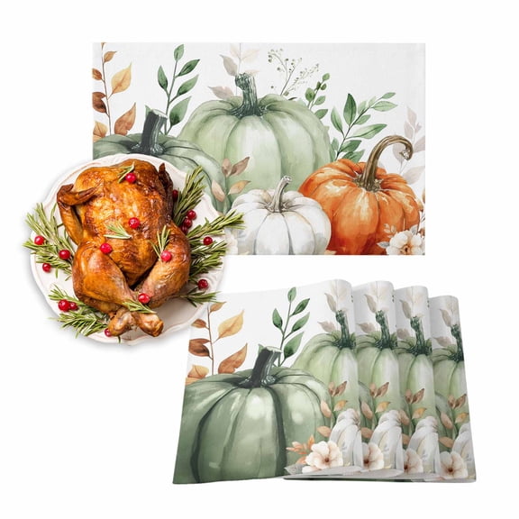 Fall Placemats Set of 6 Sage Green Pumpkin Place Mats Thanksgiving Placemat Flower Autumn Eucalyptus Leaves Table Mats for Dining Kitchen Table Holiday Dinner Party Home Fall Decorations 13x19 Inch
