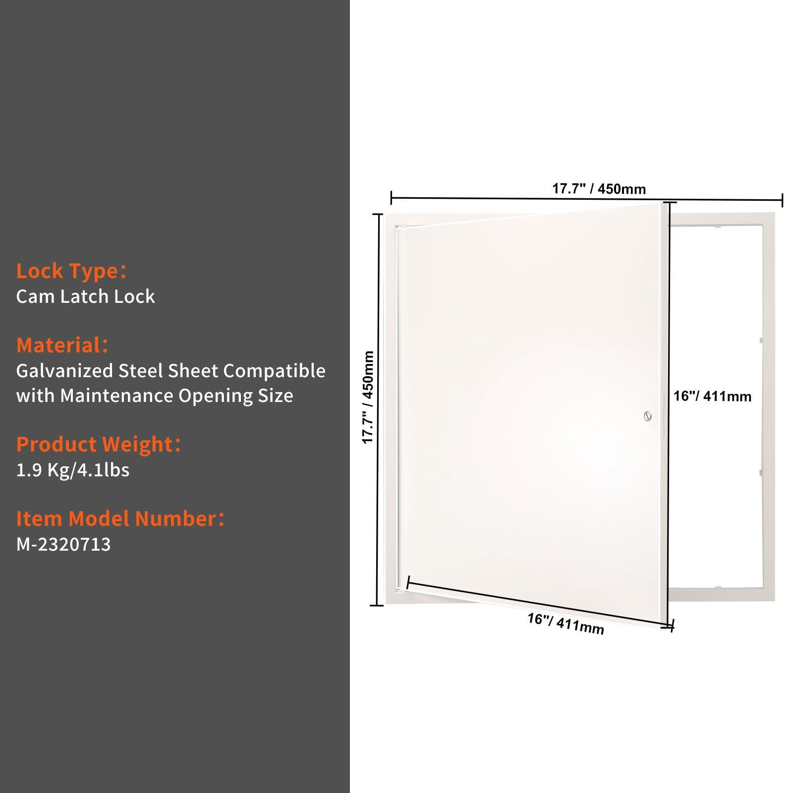 16x16 Inch Galvanized Steel Access Panel, White Baked Paint, Stainless Steel Cam Latch & Pin Hinges, 165° Opening, for Ceiling, Wall, Plumbing & Electrical