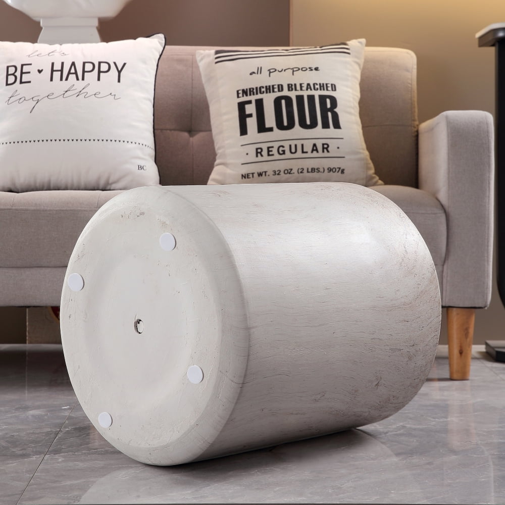 31.5" Round Drum Coffee Table, Light Travertine Finish Magnesium Oxide Table, Weather Resistant Indoor Outdoor Accent Table