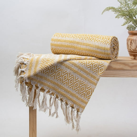 DMAASA Yellow 100% Organic Cotton Woven Throw Blanket for Couch, Lightweight Blankets for Bed, Fuzzy Cozy Blanket Throw for Sofa, Travel, Jacquard Pattern,