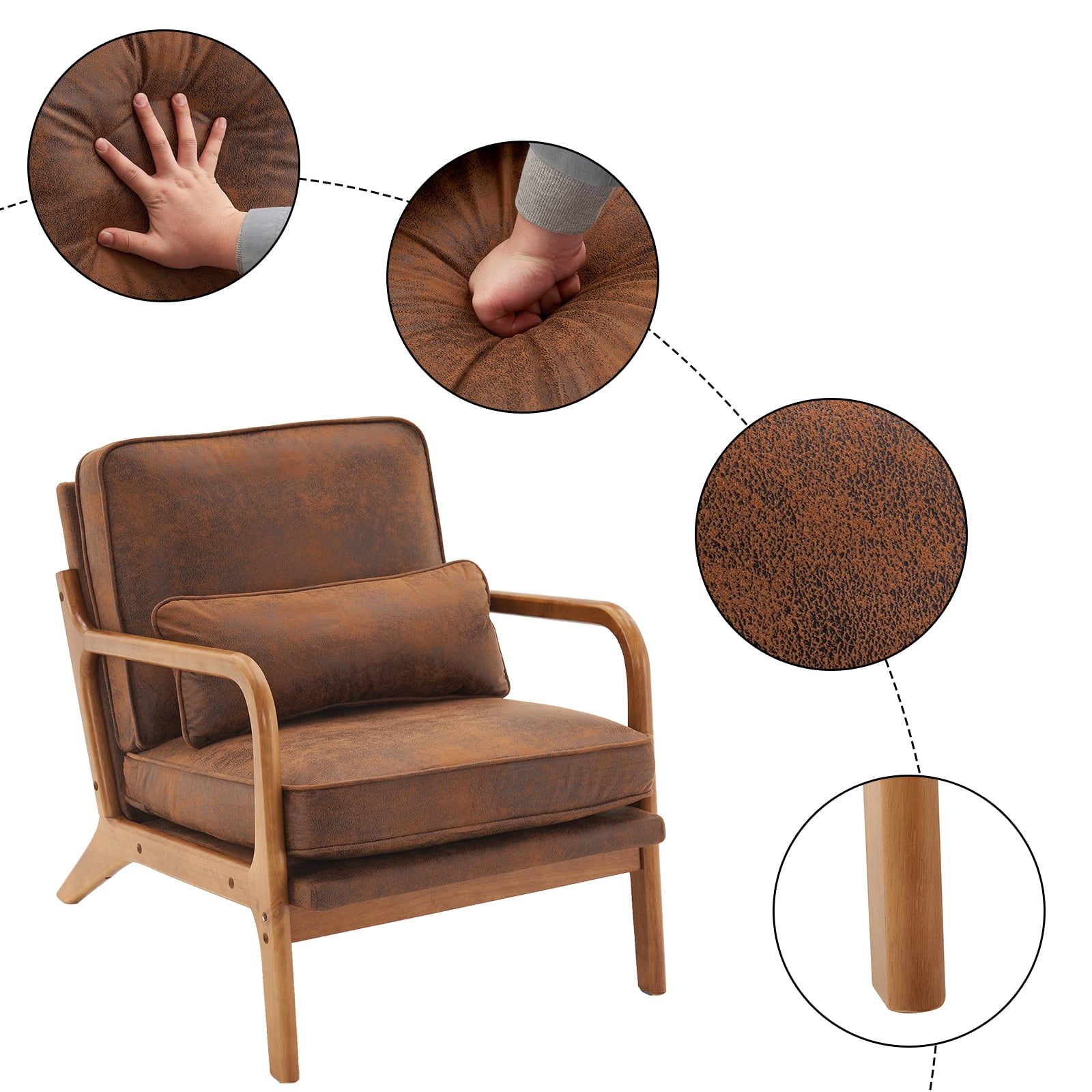 FCH Orange Single Lounge Chair, Oak Solid Wood Armrest Bronzing Cloth Upholstered Indoor Accent Chair, Mid Century Modern Armchair with Cushion, Sturdy Lounge Chair for Living Room Study Balcony Use