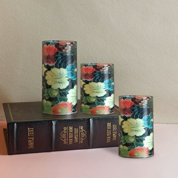 3 Pack Flameless Candles with Japanese Pattern Elements LED Candle Battery Operated Candles with Remote Control, Printed Pillar Candles for Wedding Holiday Table Home Decorations,4”5”6”